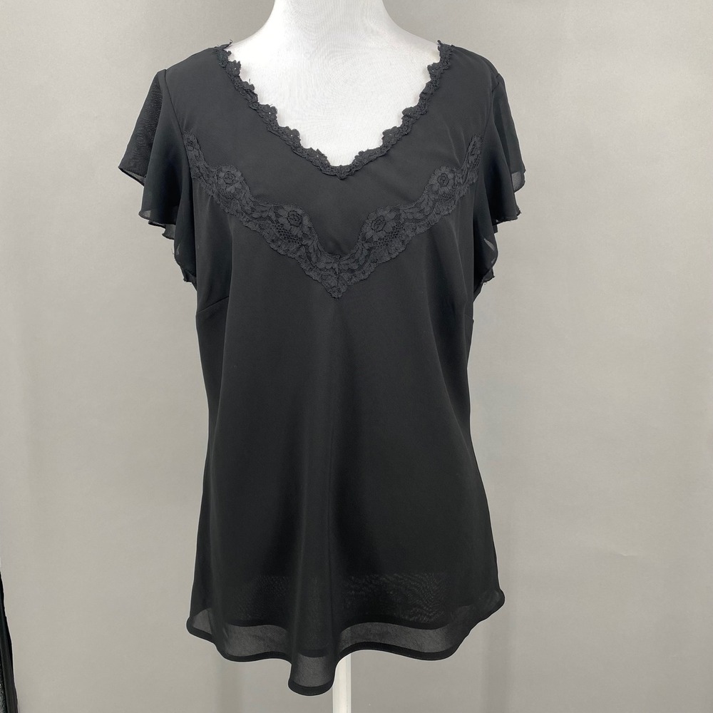 Y2K Chadwicks Black Lace Trim Flutter Sleeve V Neck Sheer Top‎ Blouse Size 12